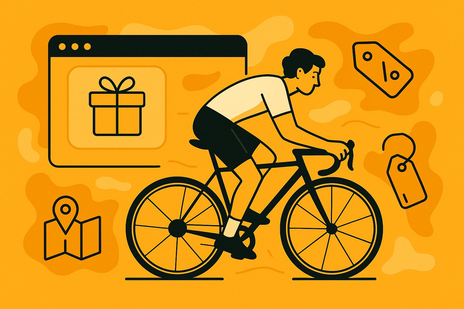 Cyclist riding a bike with gift icons and price tags, representing the bike budget giveaway