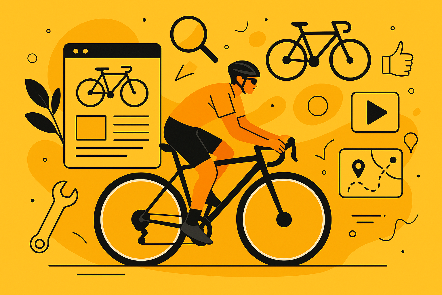 Cyclist riding a road bike surrounded by cycling-related elements